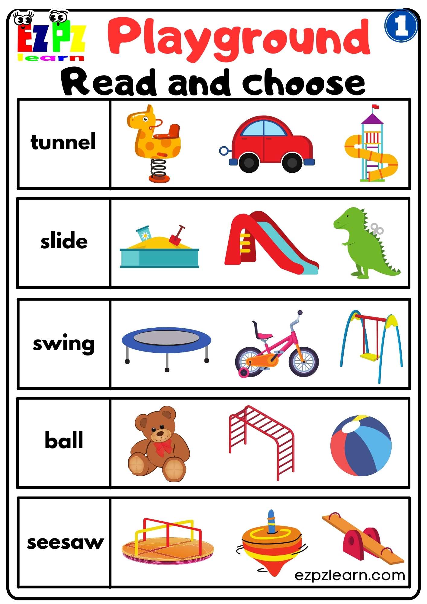 Playground 1 Read and Choose Worksheet for Kindergarten and ESL Students Free PDF Download